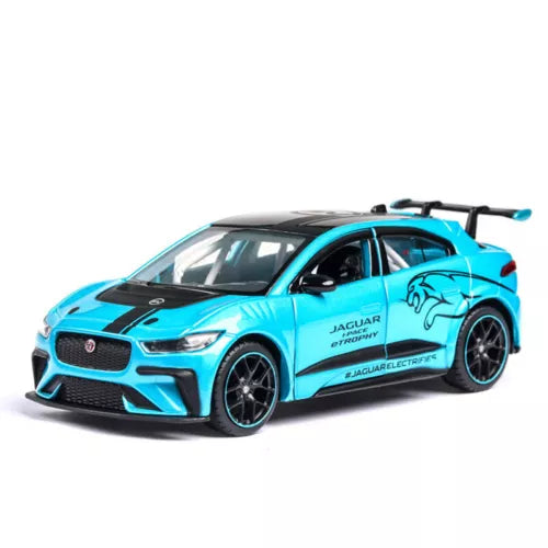 Blue Jaguar I-Pace eTROPHY diecast model car with front grille and decals