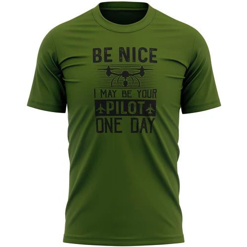 Men's olive green T-shirt with 'BE NICE' pilot text
