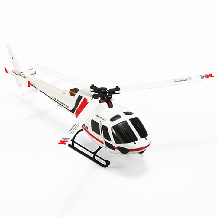 White and red single-propeller 4-channel RC helicopter drone with skids and tail boom