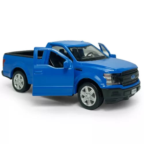 1:36 matte blue diecast Ford F-150 pickup toy car with open doors, pull-back action.