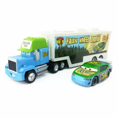Blue Mack-style diecast truck with white trailer and green top, plus racing car
