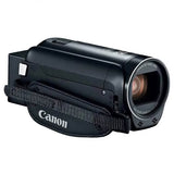 Black Canon camcorder with attached lens and carry strap