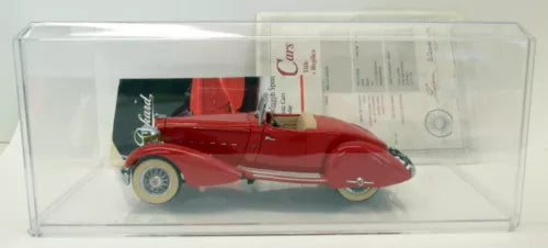 Red 1934 Packard V-12 LeBaron Speedster diecast car in clear display case