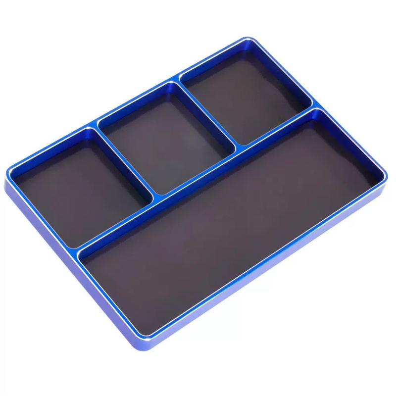 Magnetic metal screw storage tray with blue matte finish and four compartments