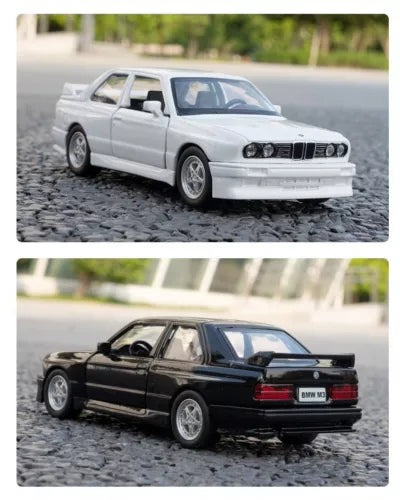 BMW M3 E30 1987 diecast model car, silver white 1:36 scale with openable doors