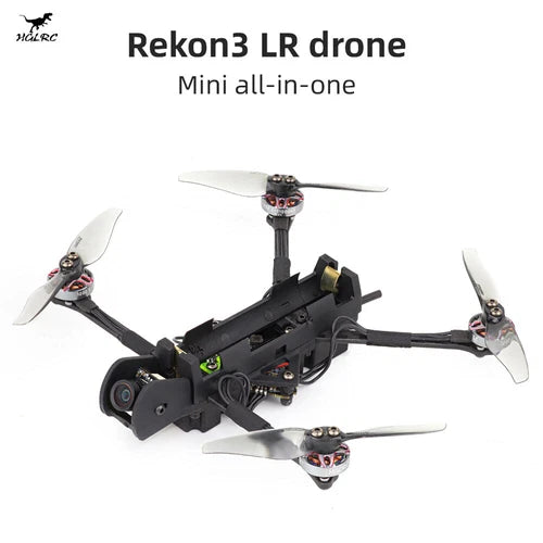 Mini FPV racing drone with four propellers and front camera, black frame