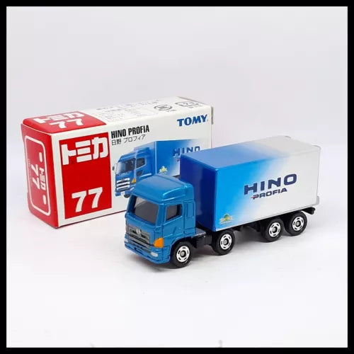 Blue HINO PROFIA diecast truck with TOMICA/TOMY markings and gray trailer box