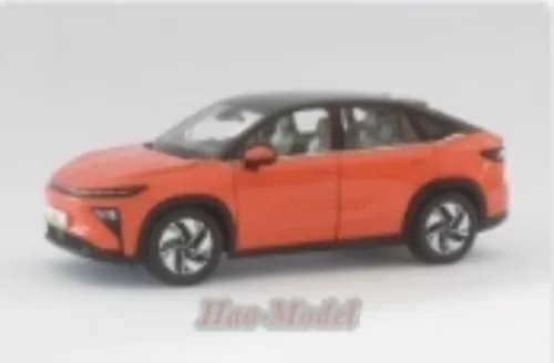1/18 orange alloy diecast model car with open wheel detail, side view