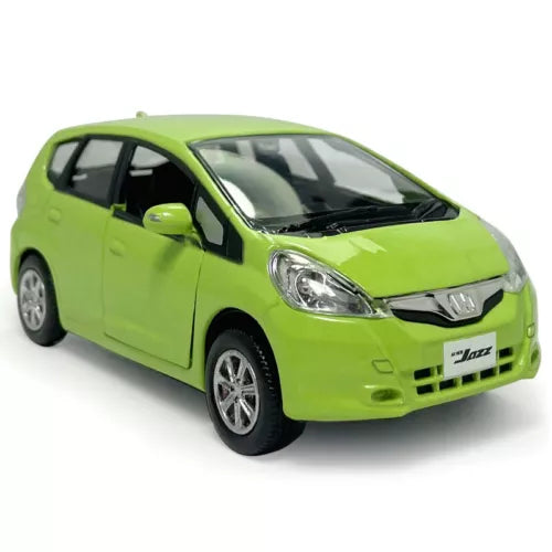 1/36 scale Honda Jazz diecast model car, lime green front-left view