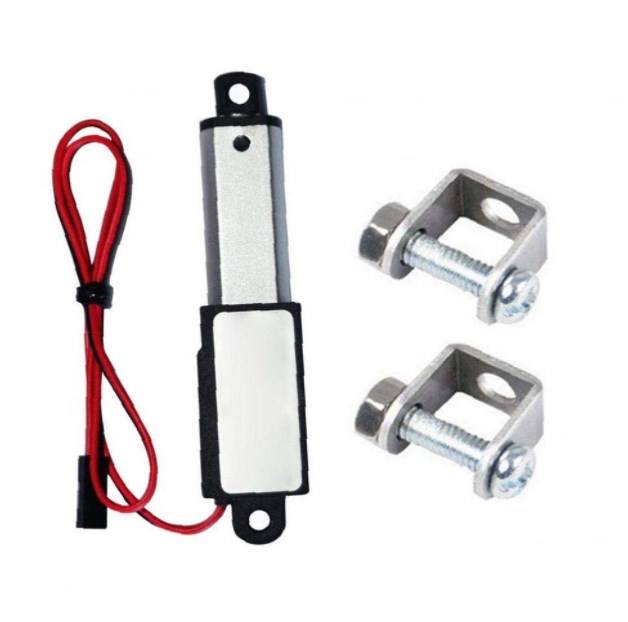Compact mini linear actuator with red lead wires and metal mounting brackets