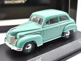 Teal 1:43 scale diecast Opel Olympia car model with chrome grille and white tires