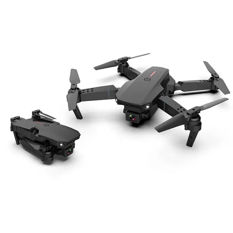 Dual-camera quadcopter drone with four propellers, black, foldable arms