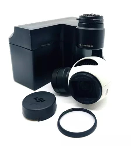 Gimbal camera lens module with dark housing, lens cap, and mounting ring