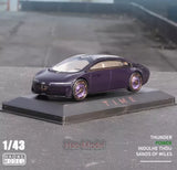 Purple 1:43 diecast model coupe car with alloy wheels on display base