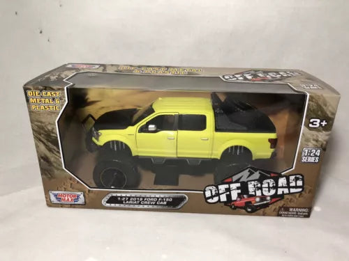 Lime yellow die-cast off-road pickup truck toy in box, 3+ age label
