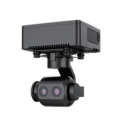 UAV stabilization pod with two lens windows on gimbal mount, dark gray housing