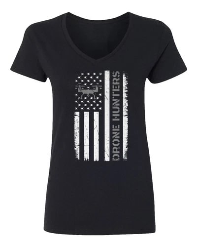 Black ladies V-neck T-shirt with USA flag graphic and vertical 'DRONE HUNTERS' text