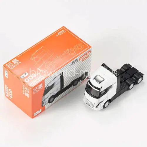 1:64 scale diecast truck toy with white cab and black cargo, with retail box