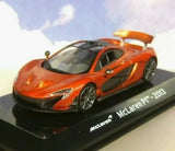 Metallic copper and orange McLaren P1 diecast car model on display base, 1/43