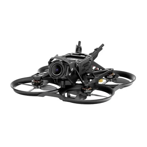Black quadcopter FPV drone with four propellers and front camera mount