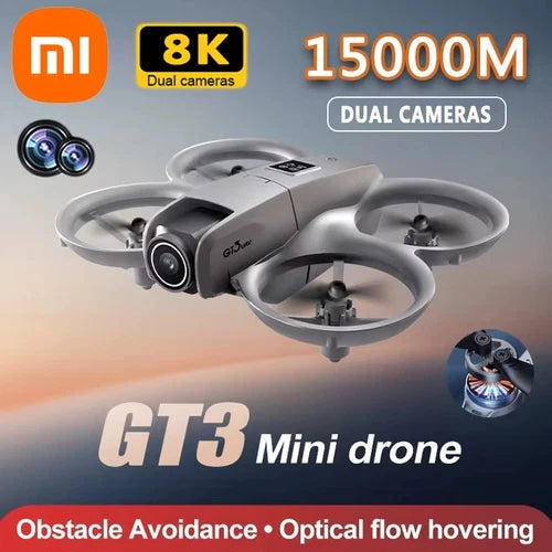 White mini quadcopter drone with four propellers and front camera module