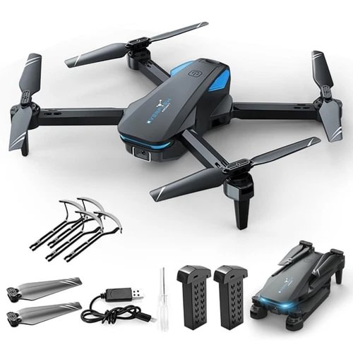 Foldable quadcopter drone with camera, blue lights, and propeller accessories set