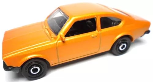 Orange 1:64 diecast coupe model car with black wheels, side view