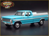 Turquoise 1:64 diecast pickup truck with hitch detail, front three-quarter view