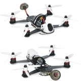 White mini quadcopter racing drone with four propellers and exposed frame