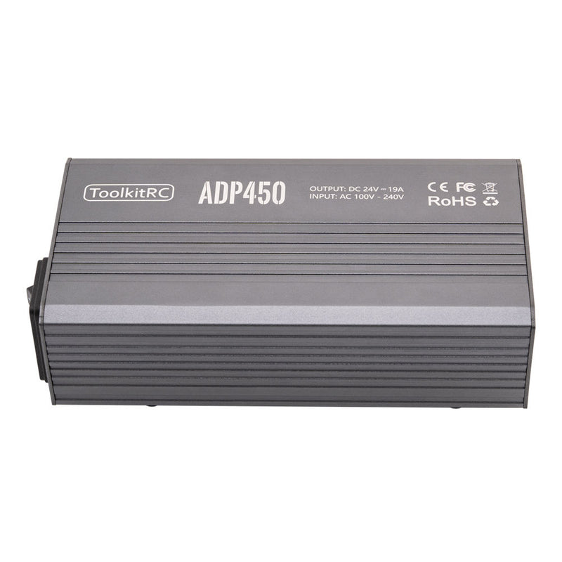 ToolkitRC ADP450 450W power adapter, gray rectangular housing with label