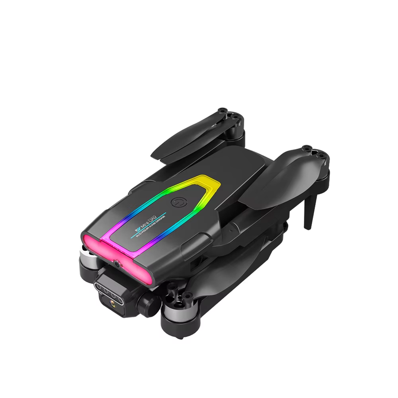 Black FPV drone with colorful LED light panel and front camera housing