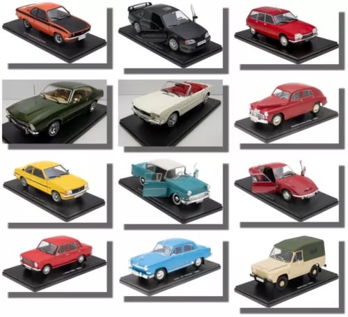 1/24 scale diecast model car assortment with multiple car styles on black display bases