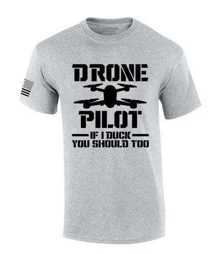 Grey short-sleeve T-shirt with large black drone pilot graphic on front