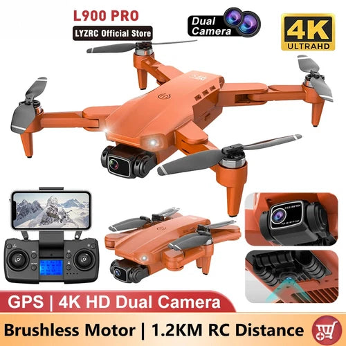 Orange GPS drone with 4K dual cameras and foldable quadcopter propellers