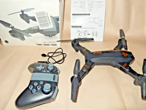 Quadcopter drone with remote controller, camera and LED lights, black and blue