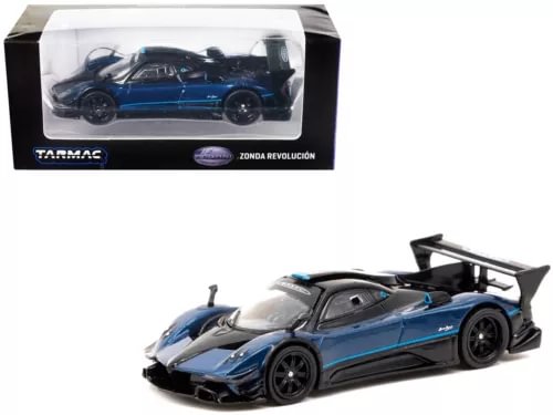 Tarmac Works 1/64 diecast sports car, metallic blue with doors open