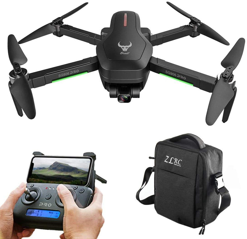 FPV quadcopter drone with 4K gimbal camera, handheld controller, and carrying bag