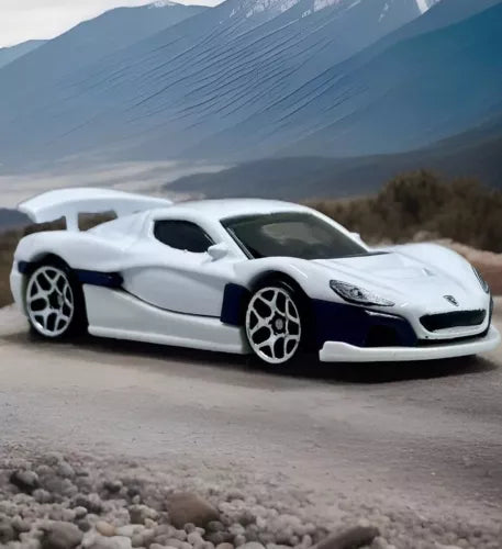 Rimac Nevera 1:64 scale diecast model car, white with blue stripe, front three-quarter view