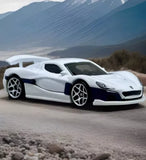 Rimac Nevera 1:64 scale diecast model car, white with blue stripe, front three-quarter view