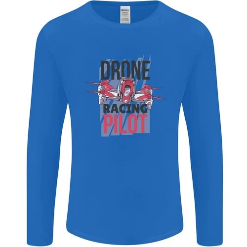 Men's blue long-sleeve T-shirt with "DRONE RACING PILOT" graphic