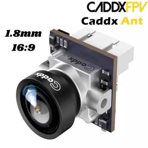 FPV camera module with black lens and silver mount, marked 1.8mm and 16:9