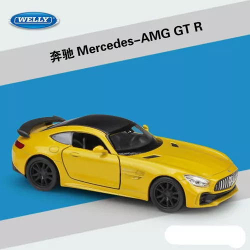 Welly 1:36 diecast pullback model car, yellow Mercedes-AMG GTR sports car