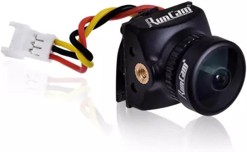 Mini FPV camera with black casing and side lens, exposed wires and mounting bracket