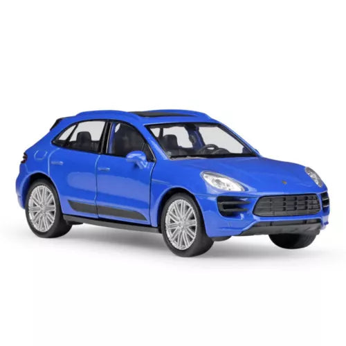 Blue 1:36 diecast metal toy car model, front 3/4 view