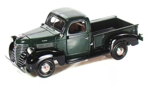 Green 1941 Plymouth pickup truck diecast model with black bed and chrome wheels