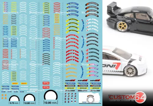 1:64 scale tire graphics decal sheet with multicolor stripe patterns and wheel logos