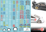 1:64 scale tire graphics decal sheet with multicolor stripe patterns and wheel logos