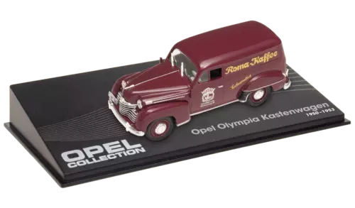 Maroon OPEL diecast van model on black display base, front three-quarter view