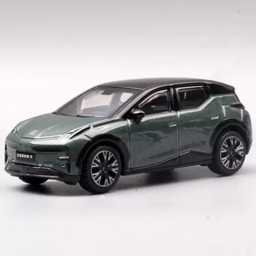 Mini alloy diecast SUV car model, dark green, side view, detailed wheels