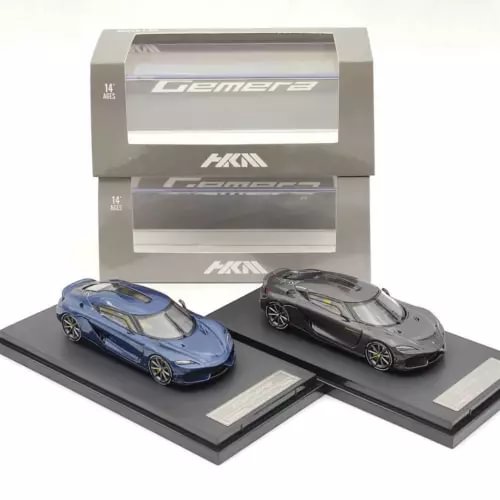 Die-cast hybrid supercar model pair, blue and dark gray on display bases